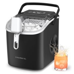 Celebrate with Us Anniversary Limited-Time & Limited-Quantity Deal RM 99.00：CROWNFUL Ice Maker Countertop, Portable Self-Cleaning Ice Maker Machine with Handle, Scoop and Basket, 9 Bullet Ice Cubes in 6 Mins, 12kg/24H, Ideal for Home, Kitchen, Office, Bar, Party