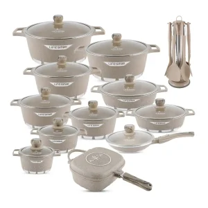 Big Summer Sale Limited Time Offer RM 9.9：LIFE SMILE Cookware Set Granite Stone 29 Pieces - Pots and Pans set Multi Layer Granite Non Stick Coating Cookware Sets 100% PFOA FREE,Complete Kitchenware Cooking Sets and Frying Pans